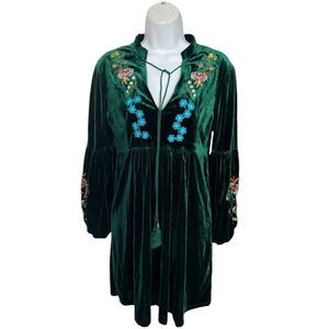 Roiii Woman Bohemian Vintage Velvet Embroidered Long Sleeve Mini Dress Size M